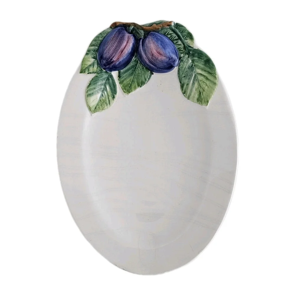 Vintage Italian Pottery Platter Decorato a Mano Italy Hand Painted Blue Plum